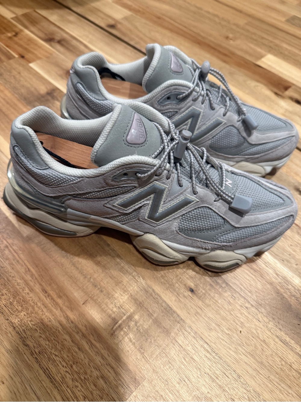 New Balance Women's 9060 Light Gray Mesh and Suede Sneakers